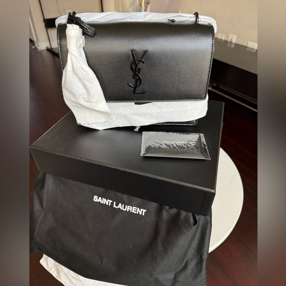 Saint Laurent (Black on Black) Sunset Medium YSL Crossbody Bag in Smooth Leather